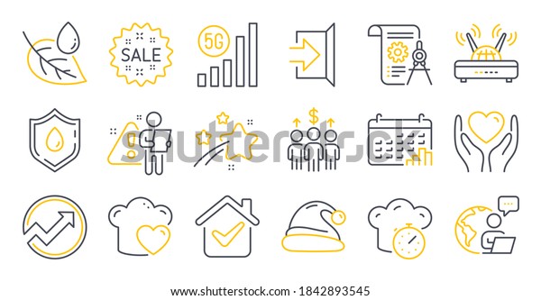 Set of Business icons, such as Exit, Meeting, Sale
symbols. Leaf dew, Wifi, Hold heart signs. Audit, Blood donation,
Cooking timer. Calendar graph, Santa hat, Divider document. 5g
wifi. Vector