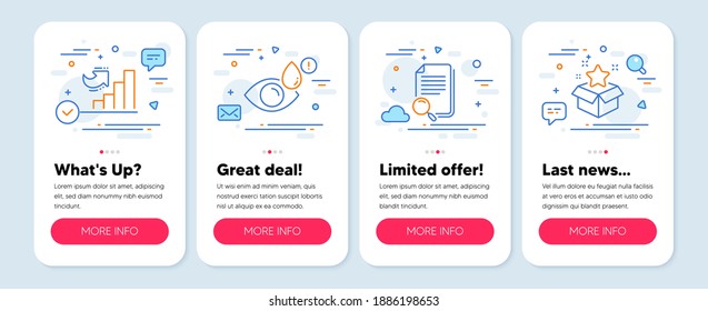 Set of Business icons, such as Eye drops, Growth chart, Search file symbols. Mobile app mockup banners. Loyalty program line icons. Check vision, Diagram graph, Find document. Bonus star. Vector