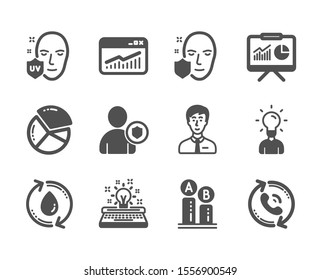 Set of Business icons, such as Face protection, Security, Website statistics, Education, Call center, Typewriter, Pie chart, Uv protection, Presentation, Ab testing, Businessman person. Vector