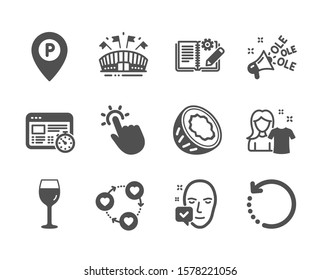 Set of Business icons, such as Face accepted, Sports arena, Web timer, Clean shirt, Recovery data, Engineering documentation, Wine glass, Ole chant, Parking, Touchpoint, Coconut. Vector