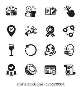 Set of Business icons, such as Face accepted, Sports arena. Certificate, approved group, save planet. Web timer, Clean shirt, Recovery data. Engineering documentation, Wine glass, Ole chant. Vector