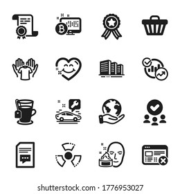 Set of Business icons, such as Face cream, Hold t-shirt. Certificate, approved group, save planet. Shop cart, Statistics, Smile face. Comments, Bitcoin system, Car service. Vector