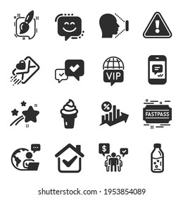 Set of Business icons, such as Face id, Fastpass, Loan percent symbols. Love letter, Teamwork, Water bottle signs. Ice cream, Smile face, Approve. Message, Vip internet, Painting brush. Vector