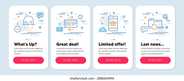 Juego de iconos de la empresa, como reconocimiento de caras, compra de Smartphone, símbolos de tarjetas de crédito. Banners de simulación de pantalla móvil. Iconos de línea de dispositivos de recuperación. Vector