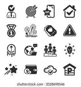 Set of Business icons, such as Face biometrics, Parking, Vacancy symbols. Fireworks, Vip phone, Archery signs. Cloud computing, Best rank, Swipe up. Love ticket, Business podium. Vector