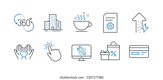 Set of Business icons, such as File settings, Buildings, 360 degree, Shopping, Hold heart, Monitor repair, Energy growing, Coffee cup, Touchpoint, Credit card line icons. Vector