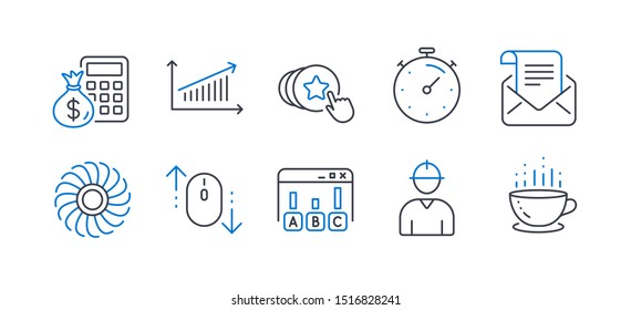 Set of Business icons, such as Finance calculator, Hold heart, Mail newsletter, Chart, Survey results, Scroll down, Timer, Engineer, Fan engine, Coffee cup line icons. Vector