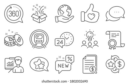 Set of Business icons, such as Financial documents, Loyalty points. Diploma, ideas, save planet. Metro subway, Like hand, 360 degrees. 24h service, Star, Gift. Vector