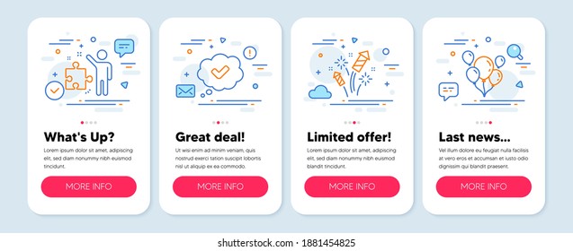 Set of Business icons, such as Fireworks rocket, Approved, Strategy symbols. Mobile app mockup banners. Balloons line icons. Pyrotechnic salute, Comic message, Business plan. Air balloons. Vector