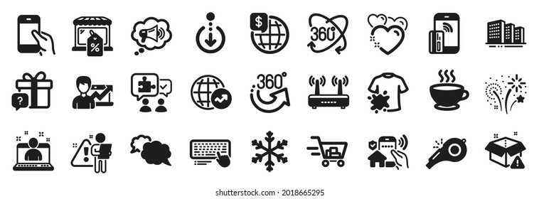 Set of Business icons, such as Fireworks, Full rotation, 360 degrees icons. Wifi, Shopping cart, Secret gift signs. Messenger, Dirty t-shirt, Search employee. Hold smartphone, Scroll down. Vector