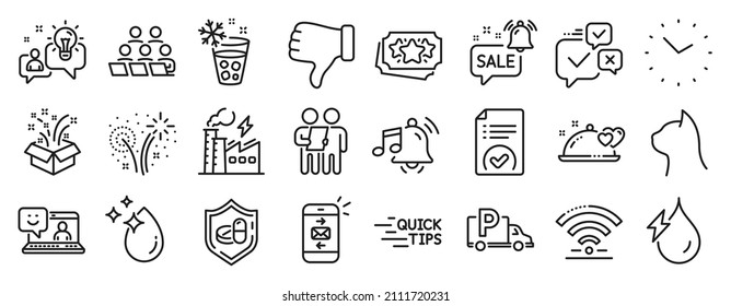 Set of Business icons, such as Fireworks, Truck parking, Alarm sound icons. Water drop, Romantic dinner, Teamwork signs. Wifi, Promotion bell, Pets care. Time, Electricity factory, Survey. Vector