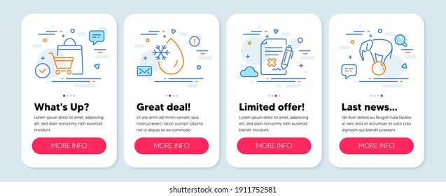 Set of Business icons, such as Freezing water, Reject file, Sale bags symbols. Mobile screen app banners. Elephant on ball line icons. Freeze temperature, Decline agreement, Shopping cart. Vector