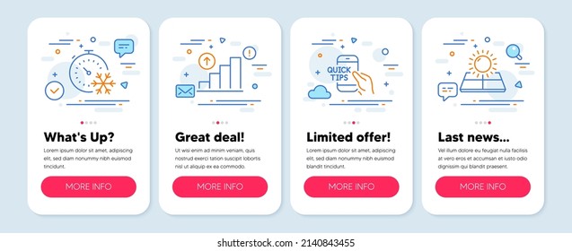 Set of Business icons, such as Freezing timer, Education, Graph chart symbols. Mobile screen banners. Sun energy line icons. Air conditioning, Quick tips, Growth report. Solar panels. Vector