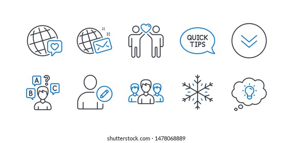 Set of Business icons, such as Friends couple, World mail, Quickstart guide, Snowflake, Scroll down, Group, Quiz test, World brand, Edit user, Energy line icons. Friendship, Chat. Vector