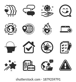 Set Of Business Icons, Such As Friends Couple, Employee Hand, Face Scanning Symbols. Survey Checklist, Yummy Smile, Vacancy Signs. World Travel, Notebook Service, Bed Bugs. Talk Bubble. Vector