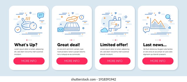 Set of Business icons, such as Frying pan, Lightweight mattress, Journey path symbols. Mobile screen banners. Investment graph line icons. Cooking timer, Sleeping pad, Project process. Vector