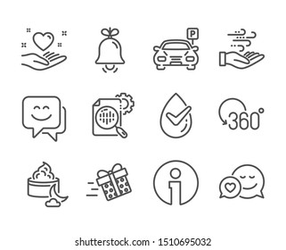 Set of Business icons, such as Full rotation, Wind energy, Smile face, Seo stats, Present delivery, Dermatologically tested, Hold heart, Bell, Parking, Info, Night cream, Dating. Vector