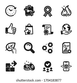Set of Business icons, such as Gears, Loyalty points. Certificate, approved group, save planet. Bitcoin, Augmented reality, Luggage. Hot sale, Puzzle, Time change. Vector