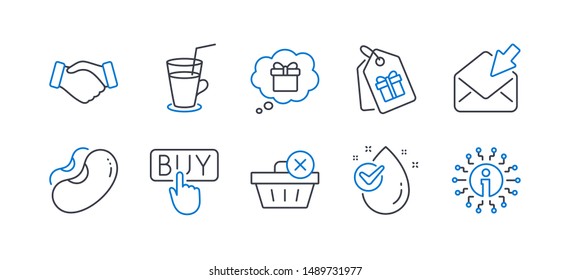 Set of Business icons, such as Gift dream, Open mail, Beans, Handshake, Coupons, Cocktail, Delete purchase, Water drop, Buying, Info line icons. Receive a gift, View e-mail. Vector