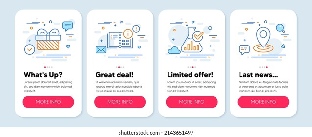Set of Business icons, such as Gift, Chemistry lab, Instruction info symbols. Mobile screen banners. Location line icons. Present, Laboratory flask, Project. Map pointer. Gift icons. Vector