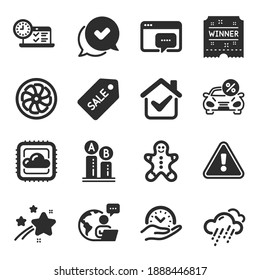 Set of Business icons, such as Gingerbread man, Car leasing, Cloud computing symbols. Safe time, Approved, Rainy weather signs. Fan engine, Seo message, Ab testing. Winner ticket. Vector