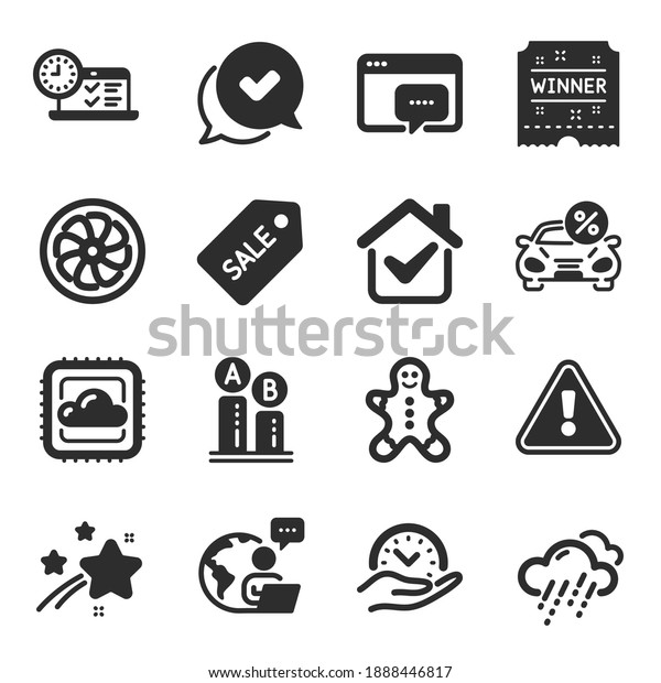 Set of Business icons, such as Gingerbread man,\
Car leasing, Cloud computing symbols. Safe time, Approved, Rainy\
weather signs. Fan engine, Seo message, Ab testing. Winner ticket.\
Vector