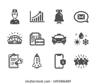 Set of Business icons, such as Graph chart, Smartphone protection, Taxi, Megaphone checklist, Bell, Rocket, Weather, Star, Sports stadium, Doctor, Vacancy classic icons. Vector