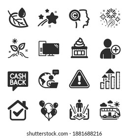 Set of Business icons, such as Grow plant, Analysis graph, Leaf dew symbols. Ice cream, Fireworks, Money transfer signs. Add user, Computer, Writer. Bus travel, Augmented reality, Balloons. Vector