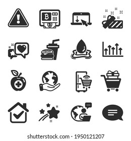 Set of Business icons, such as Growth chart, Scroll down, Chat symbols. Hamburger, Save planet, Heart signs. Bitcoin atm, Water splash, Shopping trolley. Refrigerator, Medical food. Vector