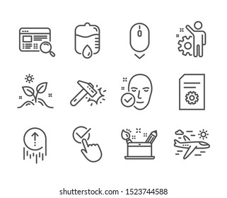 Set of Business icons, such as Hammer blow, Airplane travel, Drop counter, Creativity concept, Grow plant, Swipe up, Checkbox, Employee, File settings, Scroll down, Health skin line icons. Vector