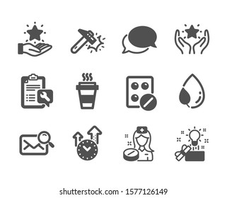 Set of Business icons, such as Hammer blow, Creative idea, Takeaway, Search mail, Nurse, Medical tablet, Time management, Messenger, Leaf dew, Spanner, Ranking, Loyalty program. Vector