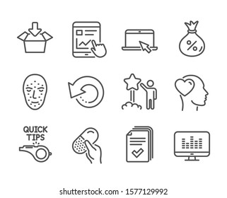 Set Of Business Icons, Such As Handout, Capsule Pill, Portable Computer, Music Making, Star, Tutorials, Loan, Friend, Internet Report, Get Box, Face Biometrics, Recovery Data Line Icons. Vector