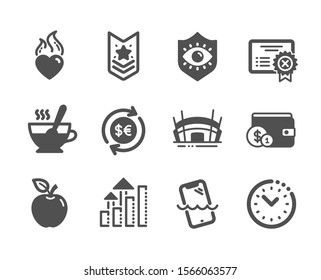 Set of Business icons, such as Heart flame, Time management, Apple, Analysis graph, Reject certificate, Money currency, Tea cup, Shoulder strap, Buying accessory, Smartphone waterproof. Vector