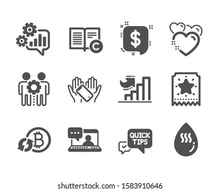 Set of Business icons, such as Heart, Refresh bitcoin, Cogwheel, Payment message, Growth chart, Employees teamwork, Quick tips, Hot water, Loyalty ticket, Friends chat, Copyright. Heart icon. Vector