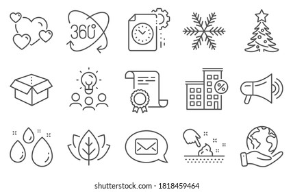 Set of Business icons, such as Heart, Full rotation. Diploma, ideas, save planet. Skin moisture, Loan house, Messenger. Open box, Water drop, Snowflake. Vector