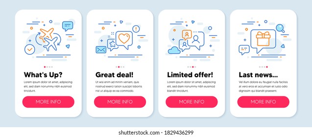 Set of Business icons, such as Heart, Connecting flight, Support chat symbols. Mobile app mockup banners. Wish list line icons. Star rating, Airport, Comment bubble. Present box. Heart icons. Vector