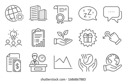Set of Business icons, such as Helping hand, Coffee. Diploma, ideas, save planet. Message, Surprise gift, Line chart. World weather, Payment, Sleep. Checklist, Buildings, Presentation time. Vector