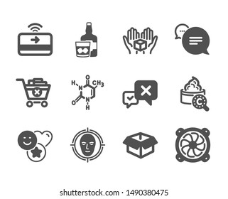 Set of Business icons, such as Hold box, Reject, Text message, Remove purchase, Whiskey glass, Computer fan, Collagen skin, Contactless payment, Opened box, Smile, Face detect. Hold box icon. Vector