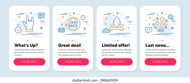 Set of Business icons, such as Horns hand, Cashback, Water splash symbols. Mobile screen banners. Fireworks stars line icons. Gesture palm, Refund commission, Aqua drop. Pyrotechnic salute. Vector