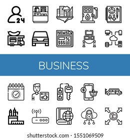 Set of business icons. Such as hours delivery, Food truck, Shelf, Car, Cloud, Newspaper, Fuel, Exhibition, Sketchbook, Calendar, Pencil case, News admin, Router , business icons