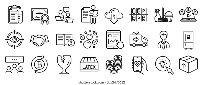 Set of Business icons, such as Household service, Businessman, Cloud download icons. Internet report, Coins, Meeting signs. Medical analyzes, Teamwork, Ambulance car. Package, Eye target. Vector