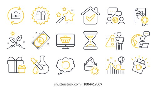 Set of Business icons, such as Human resources, Chemistry experiment, Engineering team symbols. Recovery data, Love gift, Sun cream signs. Grow plant, Euro money, Web shop. Time. Vector