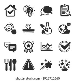 Set of Business icons, such as Idea gear, Confirmed, Trade infochart symbols. Uv protection, Chemistry experiment, Smile signs. Fireworks stars, Dots message, Chat message. Search analysis. Vector