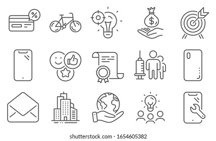 Set of Business icons, such as Income money, Smartphone. Diploma, ideas, save planet. Medical vaccination, Seo idea, Mail. Cashback, Like, Smartphone repair. Vector