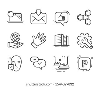 Set of Business icons, such as Incoming mail, Face accepted, Chemical formula, Bumper cars, Approved, Recovery laptop, Buildings, Safe planet, Like, Hand, Parking, Customisation. Vector