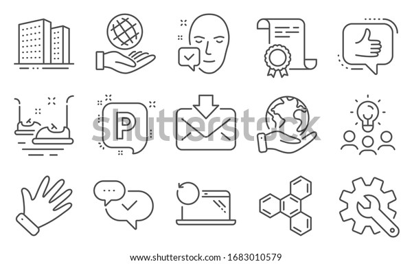 Set of Business icons, such as Incoming mail, Face
accepted. Diploma, ideas, save planet. Chemical formula, Bumper
cars, Approved. Recovery laptop, Buildings, Safe planet. Like,
Hand, Parking. Vector