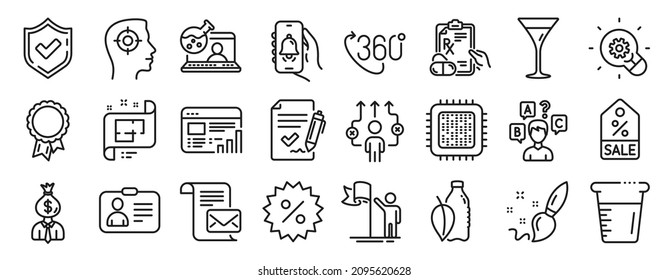 Set Of Business Icons, Such As Innovation, Business Way, Paint Brush Icons. Approved Agreement, Prescription Drugs, Cooking Beaker Signs. Leadership, Discount, Mail Letter. Quiz Test. Vector