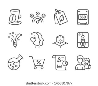 Set of Business icons, such as Inspiration, Report, Chemistry lab, Crane claw machine, Correct answer, Ssd, Augmented reality, Heart, Couple, Special offer, Coffee cup, Bio tags. Vector