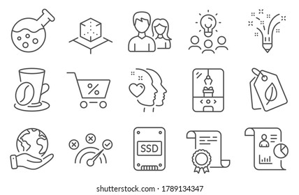 Set of Business icons, such as Inspiration, Report. Diploma, ideas, save planet. Chemistry lab, Crane claw machine, Correct answer. Ssd, Augmented reality, Heart. Vector