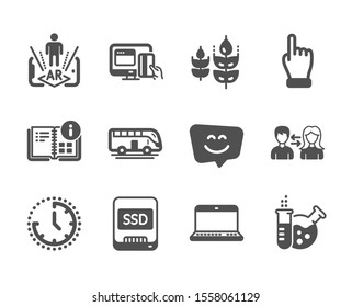 Set of Business icons, such as Instruction info, Chemistry lab, Augmented reality, Time, Click hand, Bus tour, Gluten free, Notebook, Ssd, People communication, Online payment, Smile face. Vector